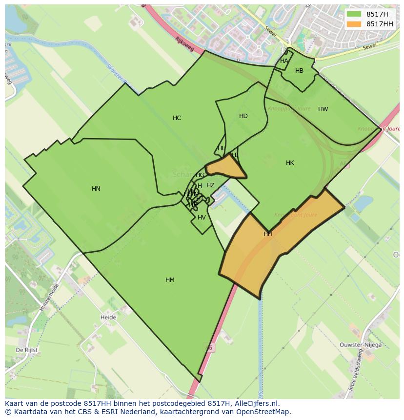 Afbeelding van het postcodegebied 8517 HH op de kaart.