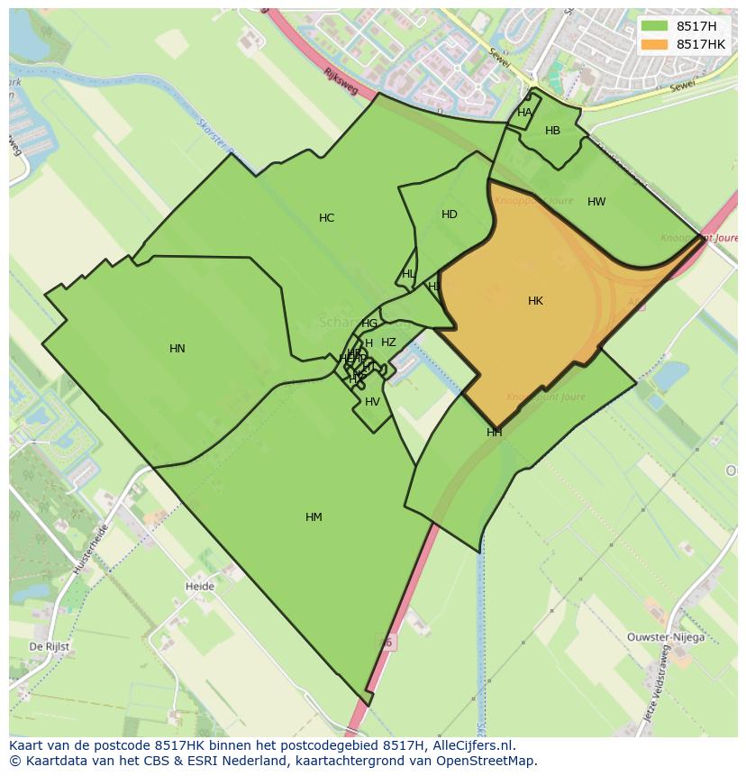 Afbeelding van het postcodegebied 8517 HK op de kaart.