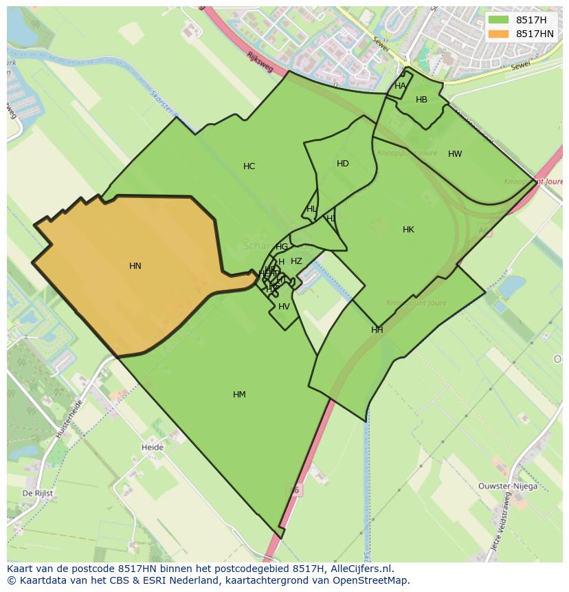 Afbeelding van het postcodegebied 8517 HN op de kaart.