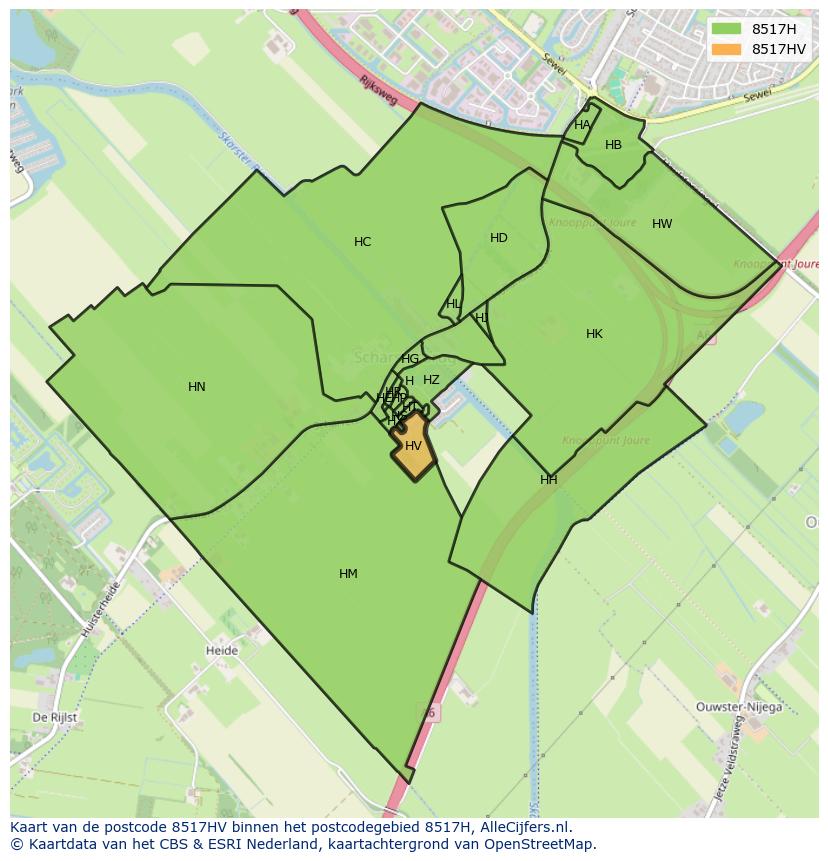 Afbeelding van het postcodegebied 8517 HV op de kaart.