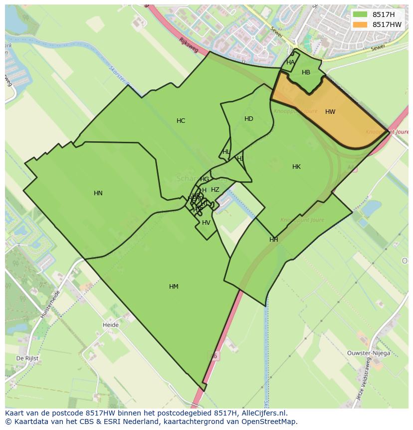Afbeelding van het postcodegebied 8517 HW op de kaart.