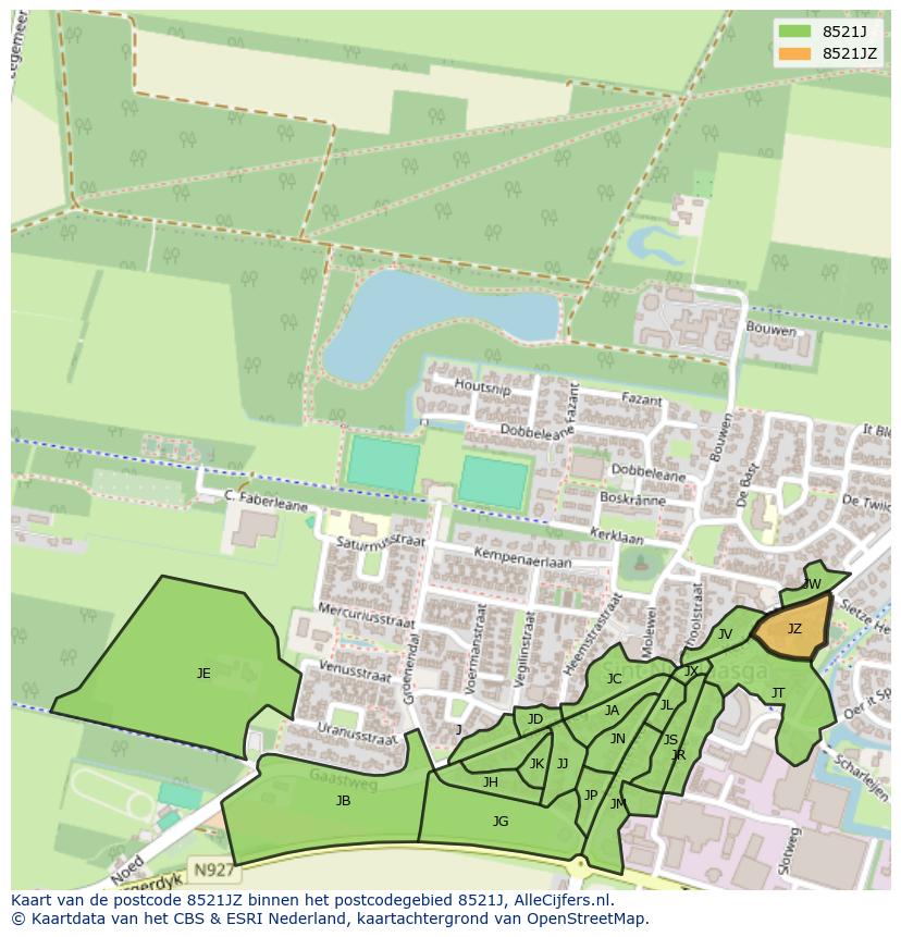 Afbeelding van het postcodegebied 8521 JZ op de kaart.