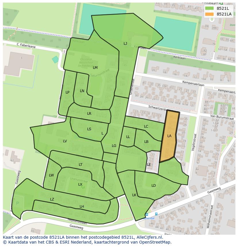 Afbeelding van het postcodegebied 8521 LA op de kaart.