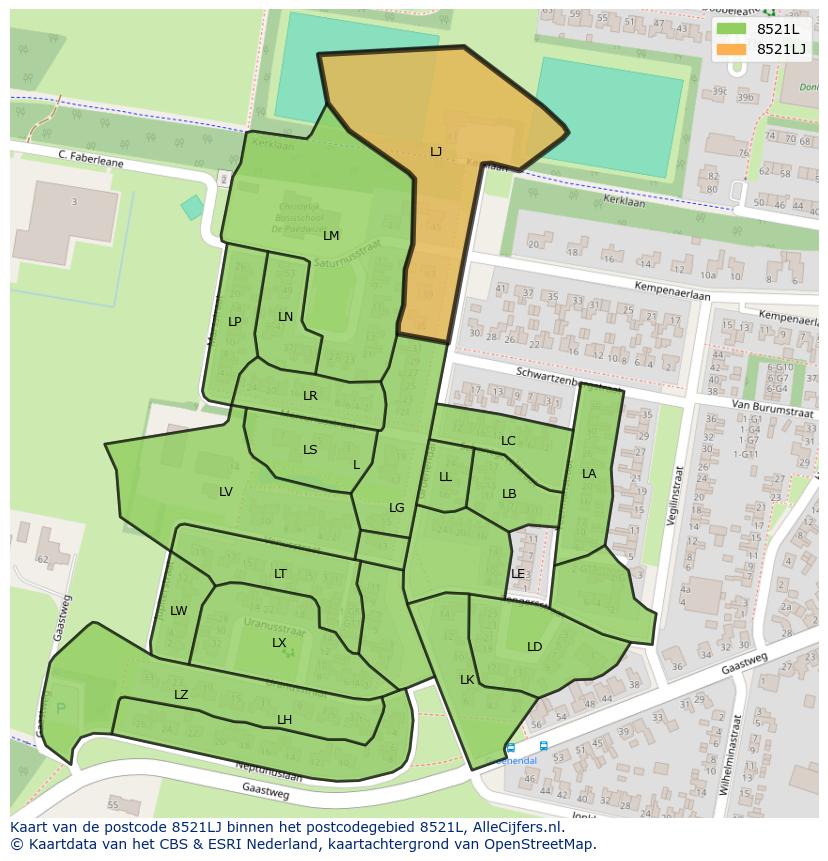 Afbeelding van het postcodegebied 8521 LJ op de kaart.