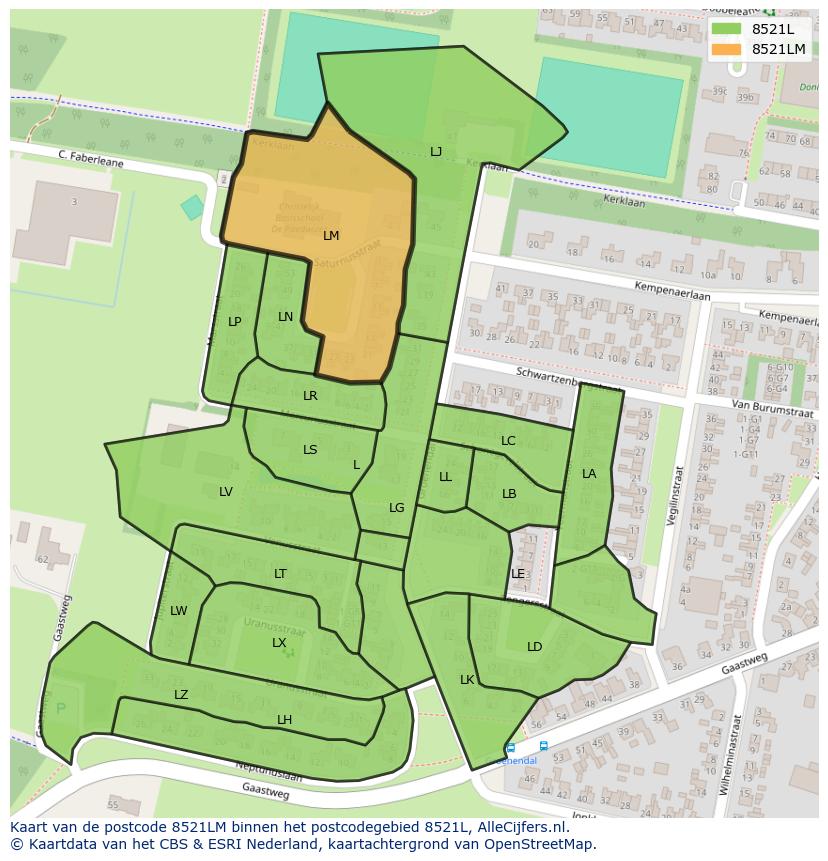 Afbeelding van het postcodegebied 8521 LM op de kaart.