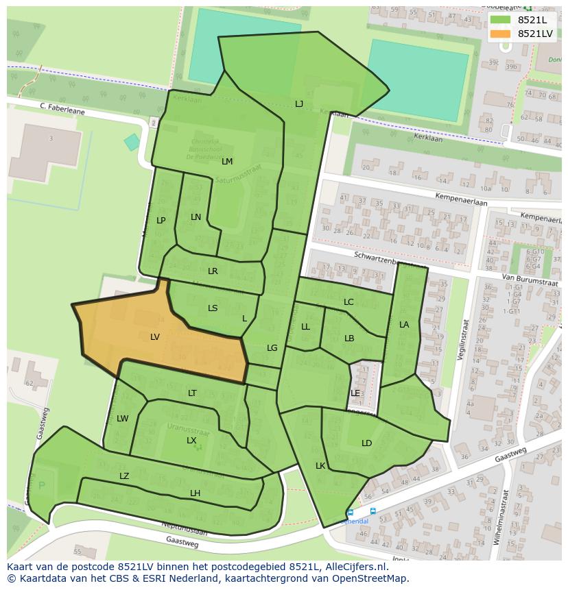 Afbeelding van het postcodegebied 8521 LV op de kaart.