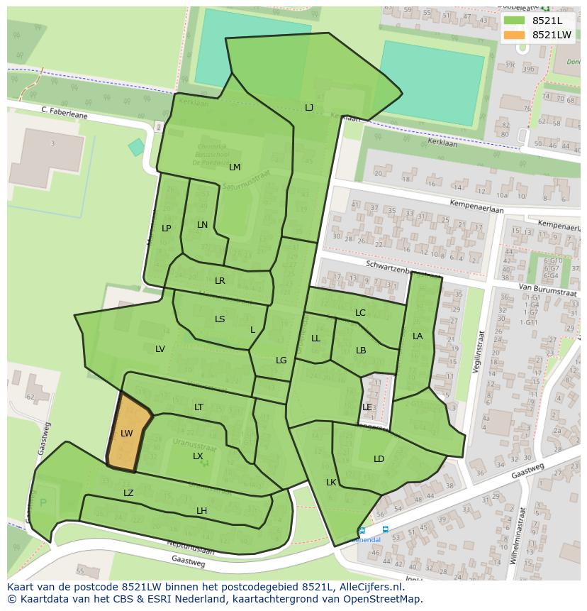 Afbeelding van het postcodegebied 8521 LW op de kaart.