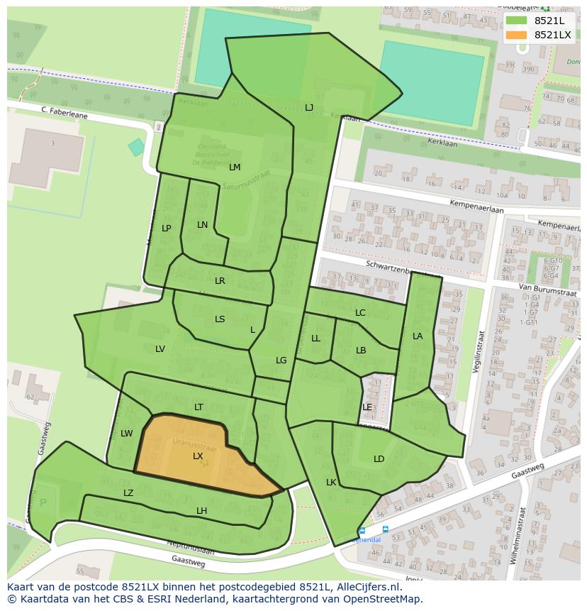 Afbeelding van het postcodegebied 8521 LX op de kaart.