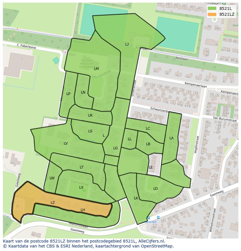 Afbeelding van het postcodegebied 8521 LZ op de kaart.