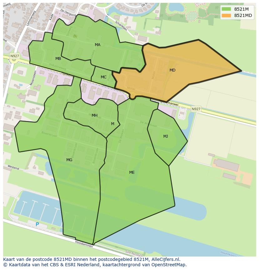 Afbeelding van het postcodegebied 8521 MD op de kaart.