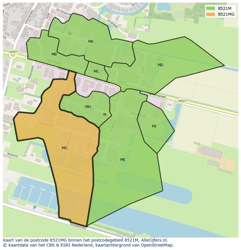 Afbeelding van het postcodegebied 8521 MG op de kaart.