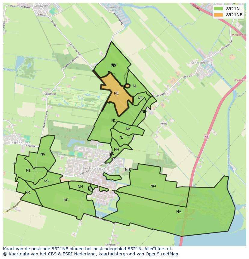 Afbeelding van het postcodegebied 8521 NE op de kaart.