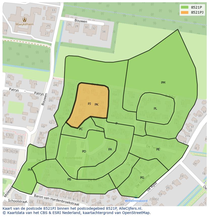 Afbeelding van het postcodegebied 8521 PJ op de kaart.