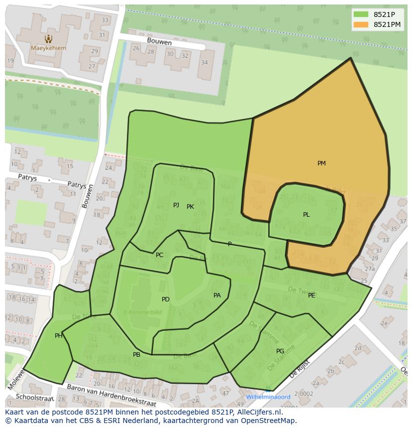 Afbeelding van het postcodegebied 8521 PM op de kaart.