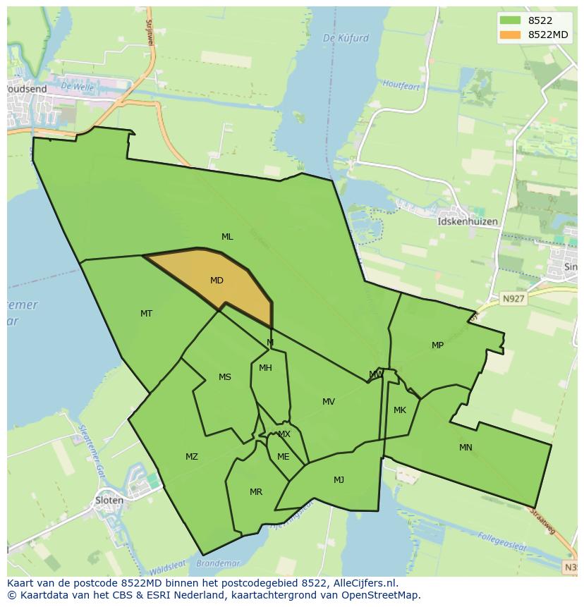 Afbeelding van het postcodegebied 8522 MD op de kaart.