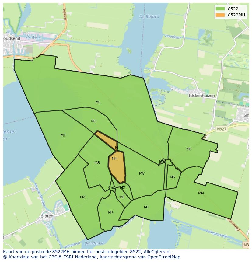 Afbeelding van het postcodegebied 8522 MH op de kaart.
