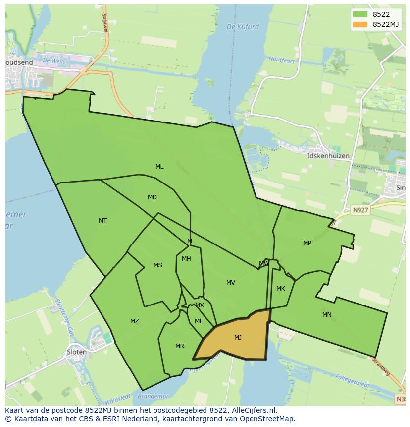 Afbeelding van het postcodegebied 8522 MJ op de kaart.