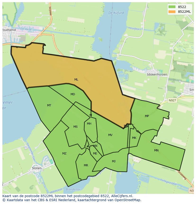 Afbeelding van het postcodegebied 8522 ML op de kaart.