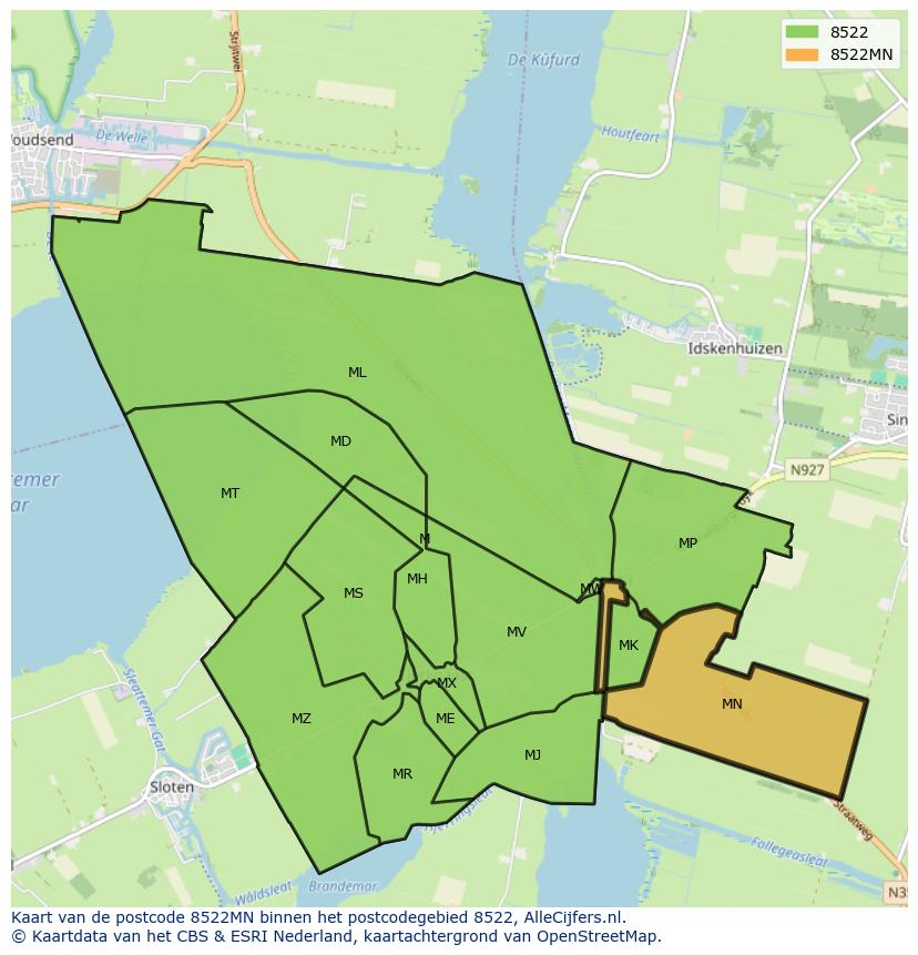 Afbeelding van het postcodegebied 8522 MN op de kaart.
