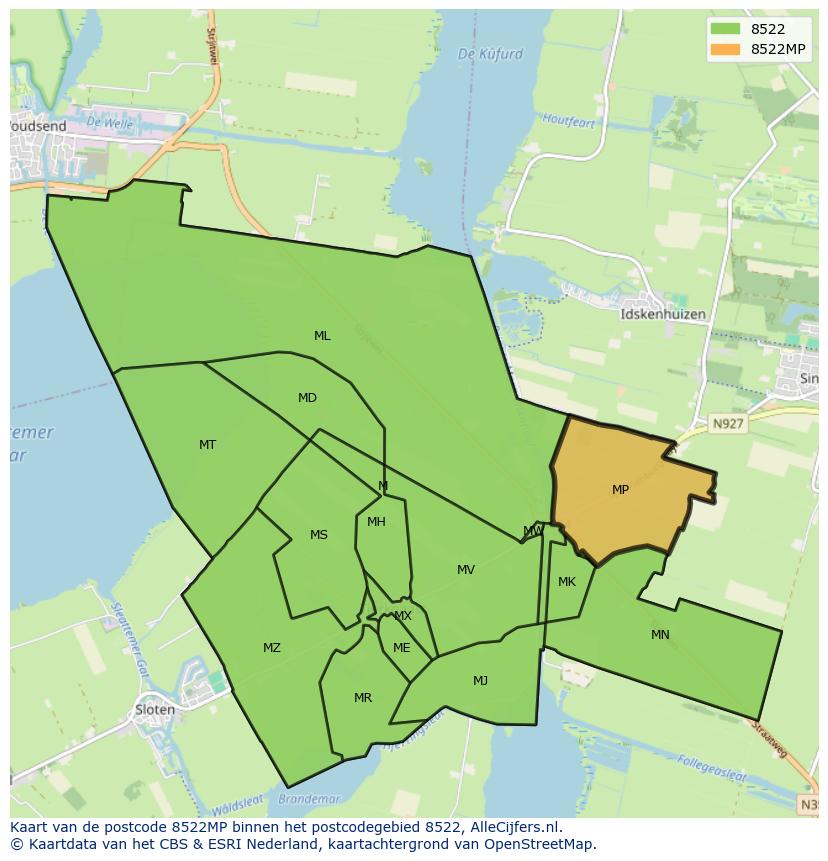 Afbeelding van het postcodegebied 8522 MP op de kaart.