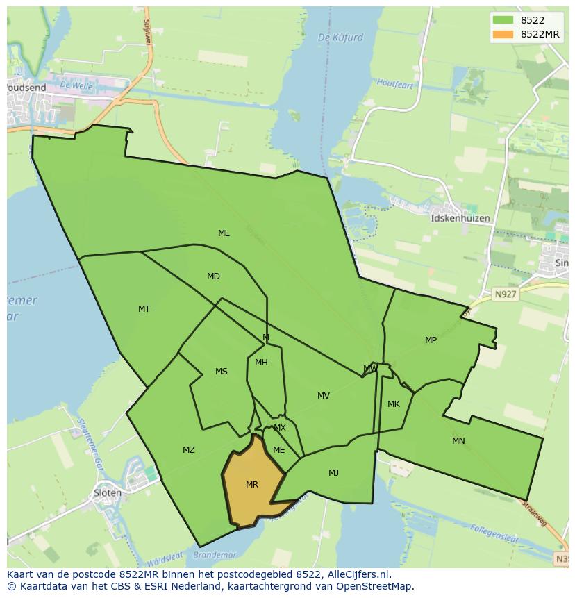 Afbeelding van het postcodegebied 8522 MR op de kaart.