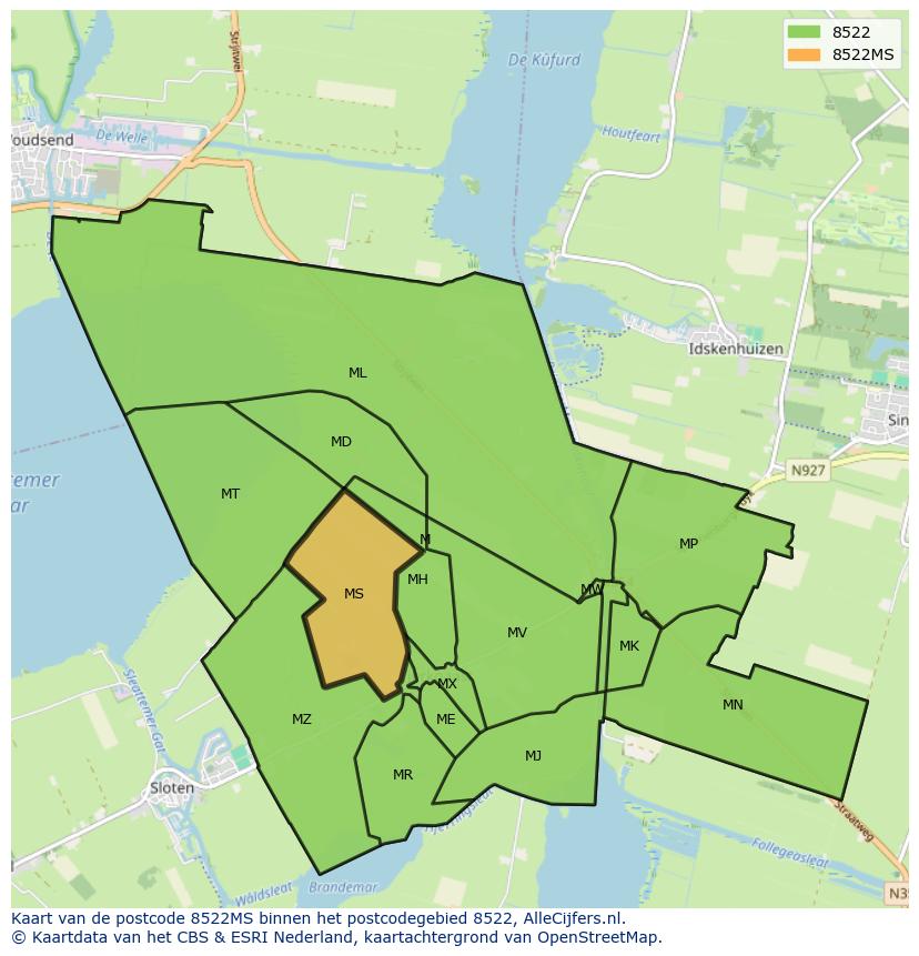 Afbeelding van het postcodegebied 8522 MS op de kaart.