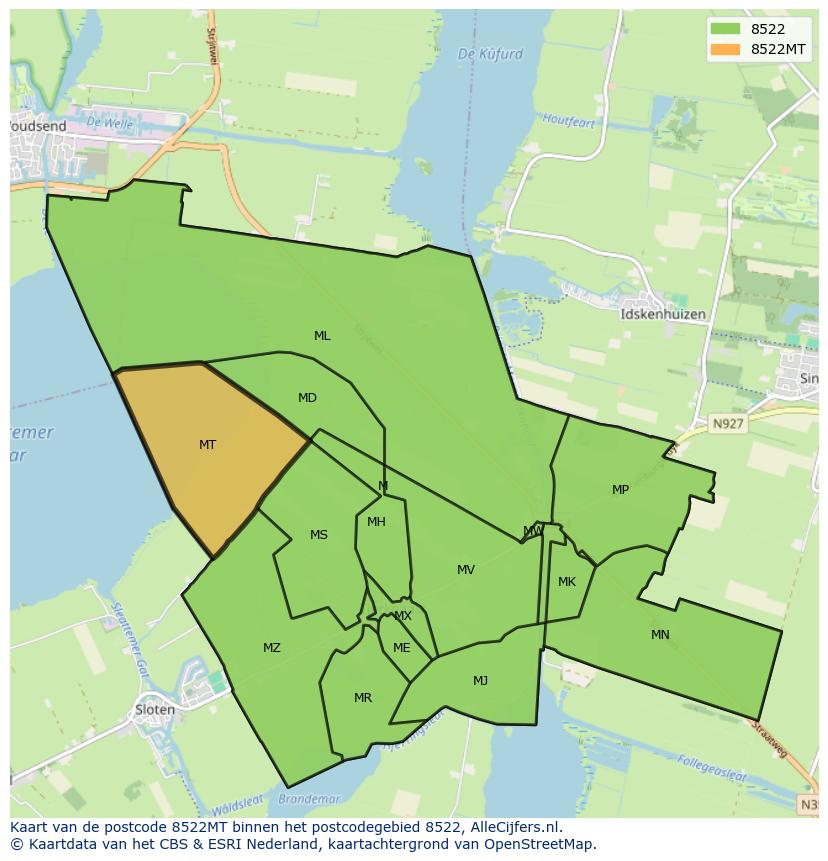 Afbeelding van het postcodegebied 8522 MT op de kaart.