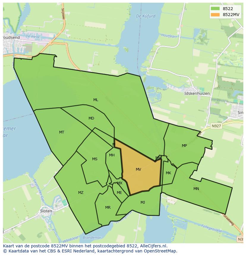 Afbeelding van het postcodegebied 8522 MV op de kaart.