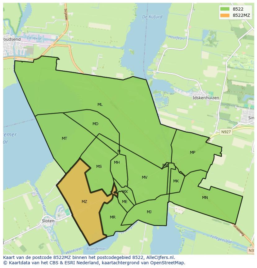 Afbeelding van het postcodegebied 8522 MZ op de kaart.