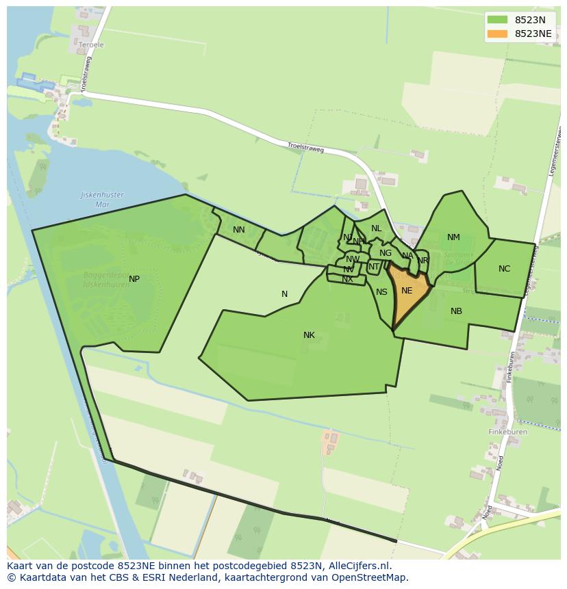 Afbeelding van het postcodegebied 8523 NE op de kaart.