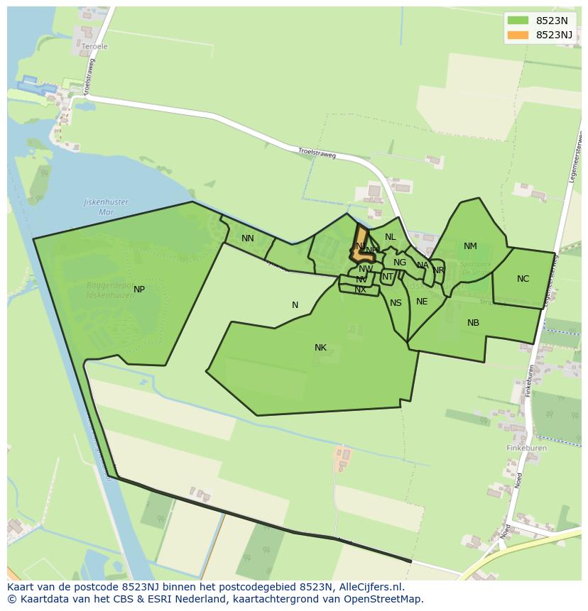 Afbeelding van het postcodegebied 8523 NJ op de kaart.