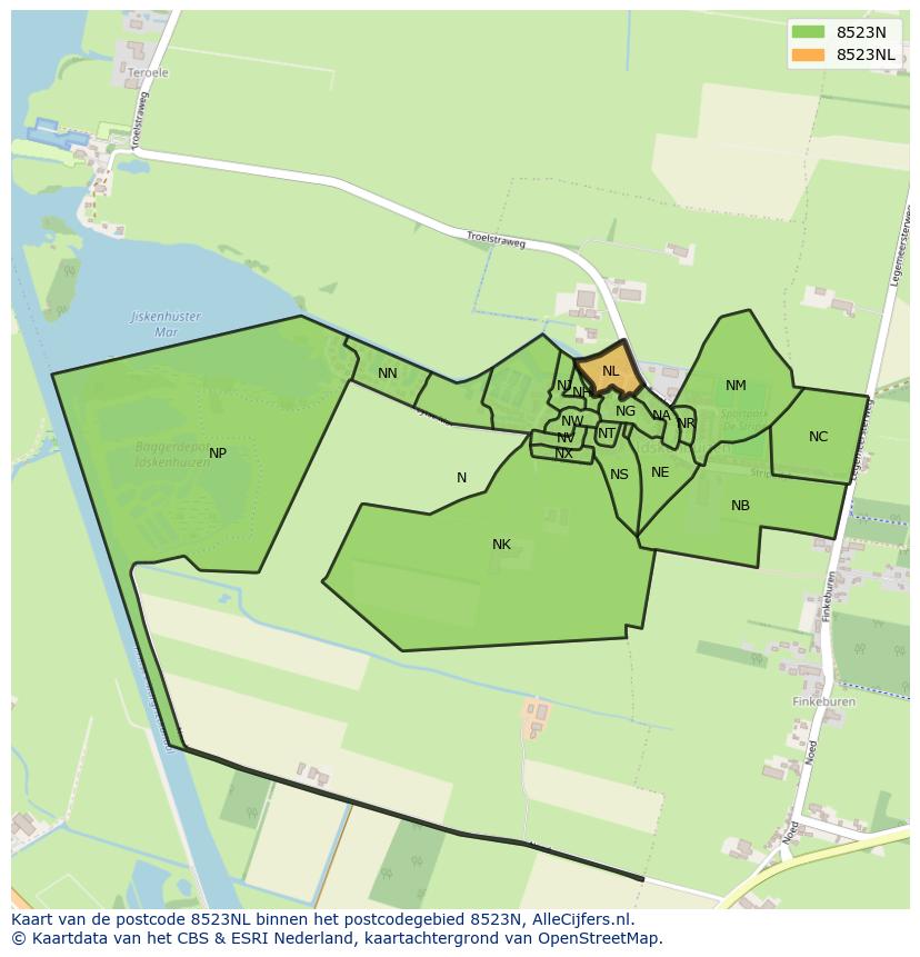 Afbeelding van het postcodegebied 8523 NL op de kaart.