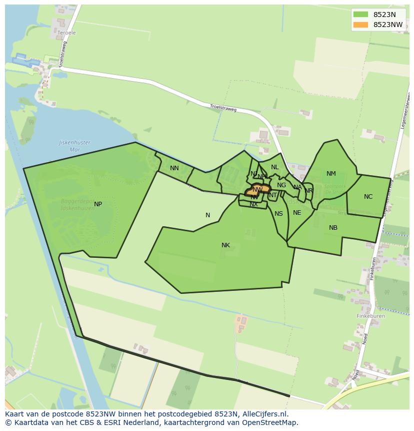 Afbeelding van het postcodegebied 8523 NW op de kaart.