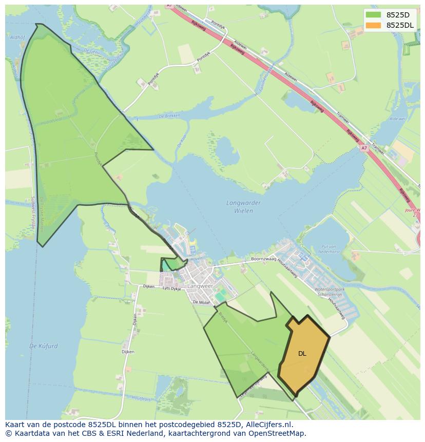 Afbeelding van het postcodegebied 8525 DL op de kaart.