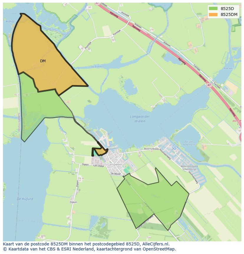 Afbeelding van het postcodegebied 8525 DM op de kaart.