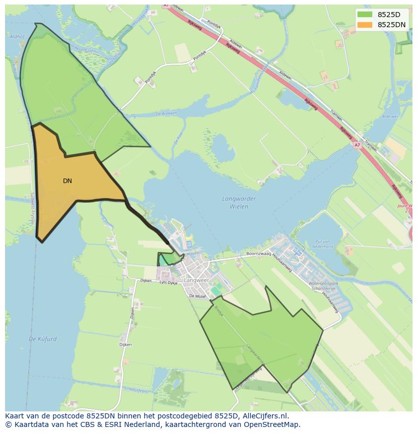 Afbeelding van het postcodegebied 8525 DN op de kaart.