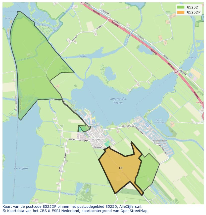 Afbeelding van het postcodegebied 8525 DP op de kaart.