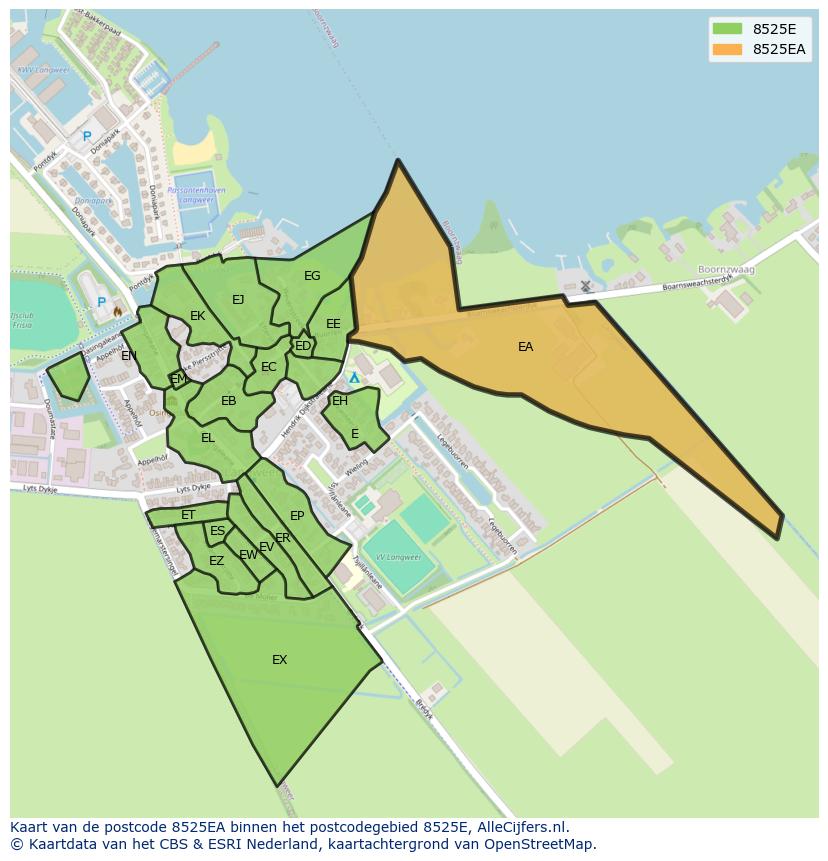 Afbeelding van het postcodegebied 8525 EA op de kaart.