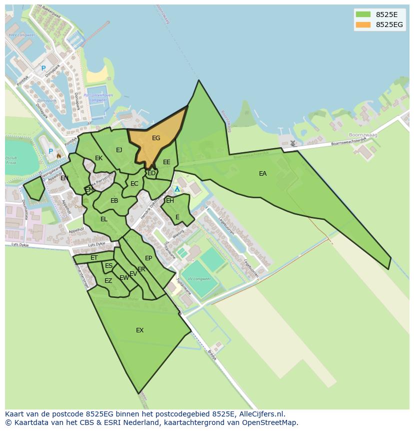 Afbeelding van het postcodegebied 8525 EG op de kaart.