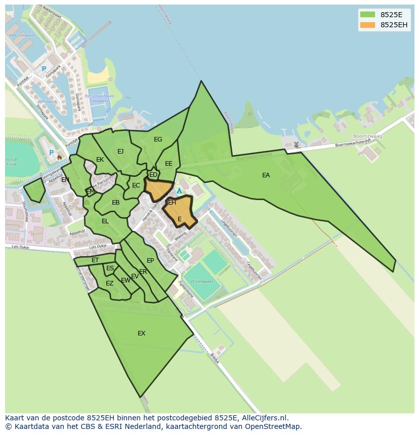 Afbeelding van het postcodegebied 8525 EH op de kaart.