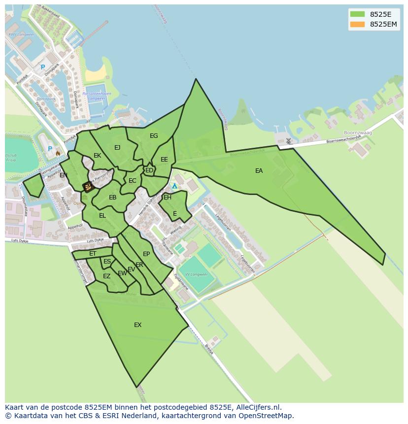 Afbeelding van het postcodegebied 8525 EM op de kaart.