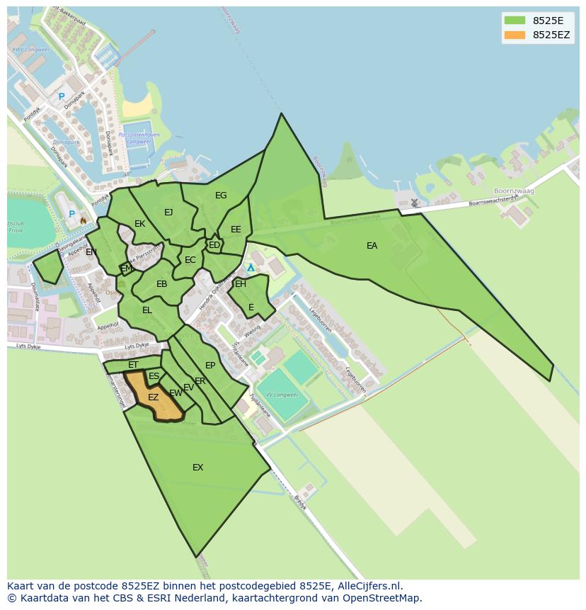 Afbeelding van het postcodegebied 8525 EZ op de kaart.