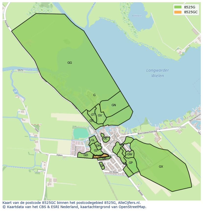 Afbeelding van het postcodegebied 8525 GC op de kaart.