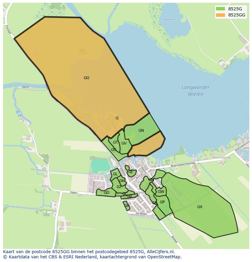 Afbeelding van het postcodegebied 8525 GG op de kaart.