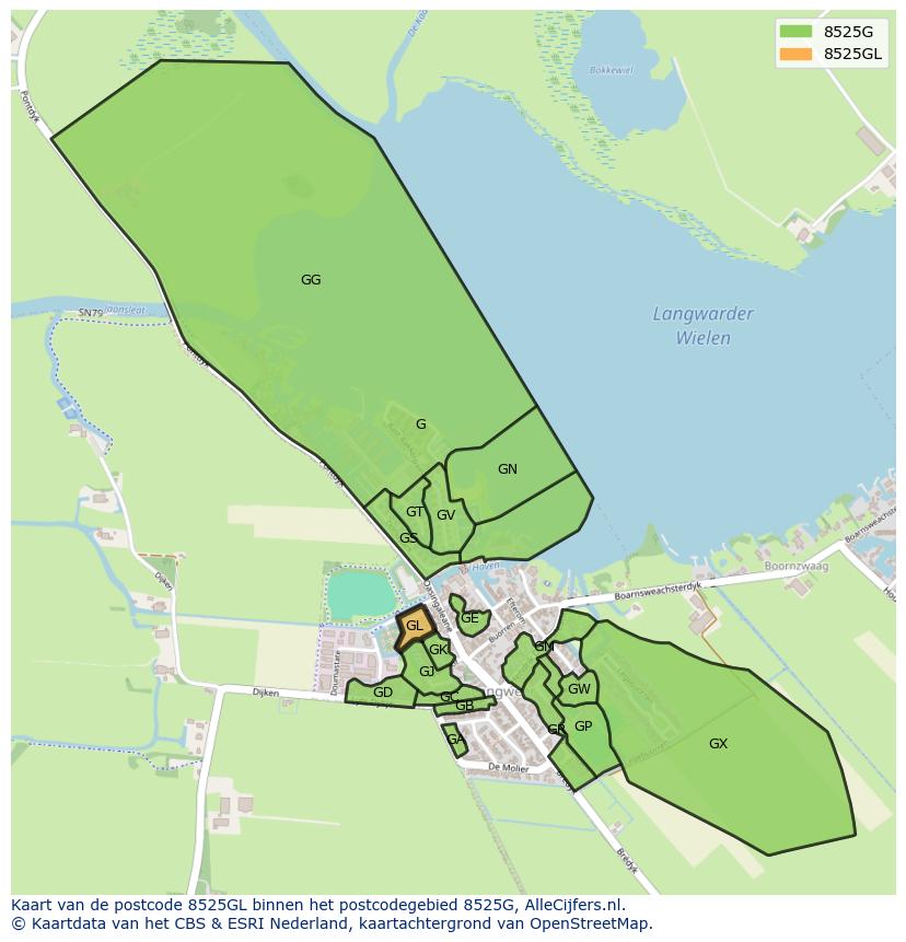 Afbeelding van het postcodegebied 8525 GL op de kaart.