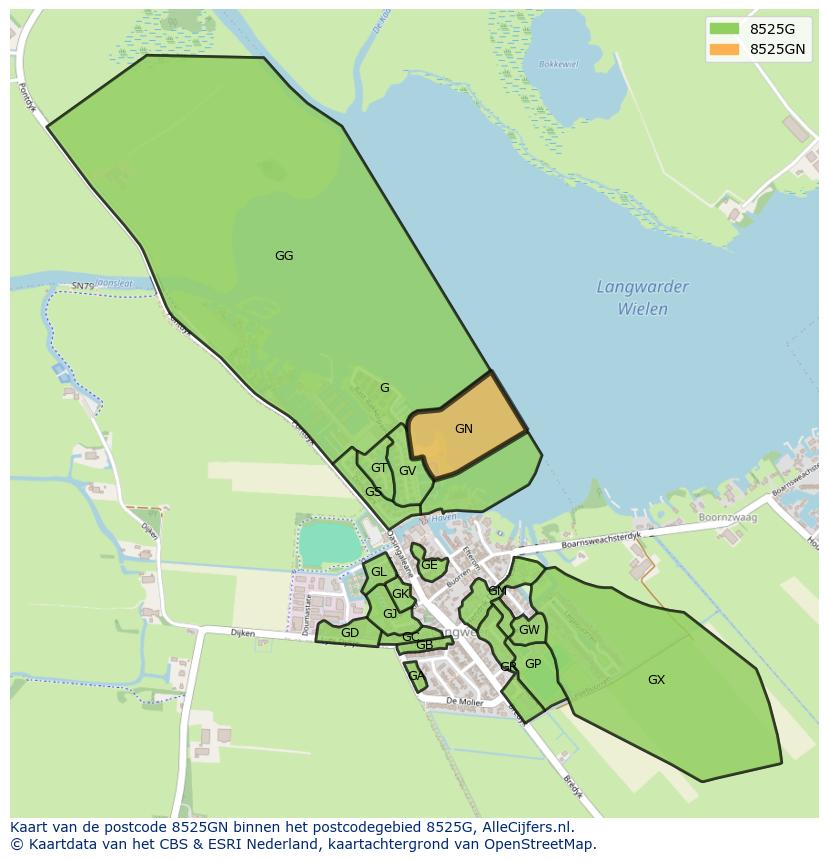 Afbeelding van het postcodegebied 8525 GN op de kaart.