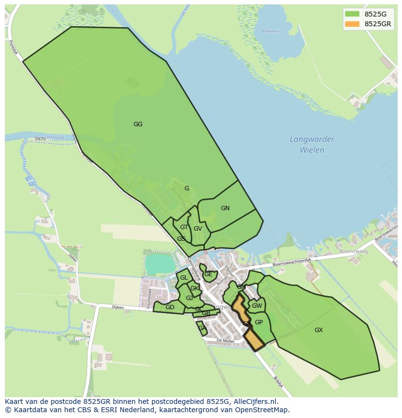 Afbeelding van het postcodegebied 8525 GR op de kaart.