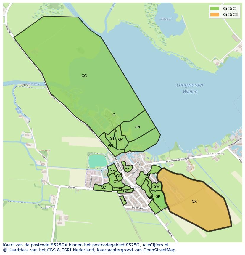 Afbeelding van het postcodegebied 8525 GX op de kaart.