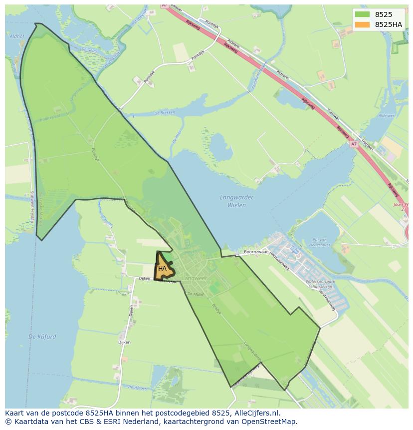 Afbeelding van het postcodegebied 8525 HA op de kaart.