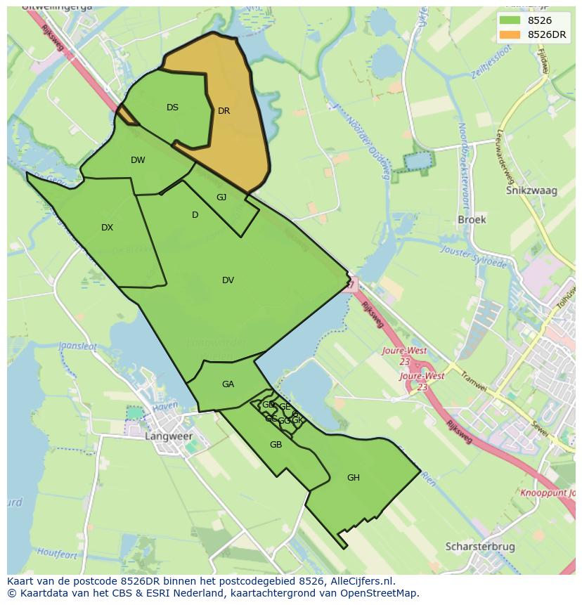 Afbeelding van het postcodegebied 8526 DR op de kaart.